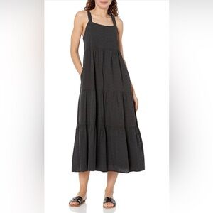 The Drop Elegant Black Eyelet Lace Tiered Maxi Dress with Adjustable Straps